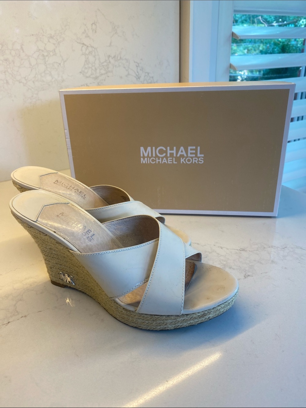Michael Kors Cream Leather Espadrille Wedge Sandals